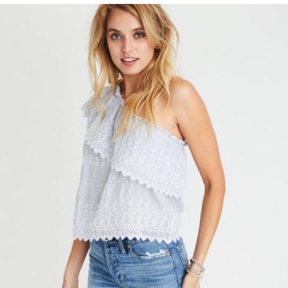 American Eagle Women Blue Embroidered Ruffle One Shoulder Top Blouse XS